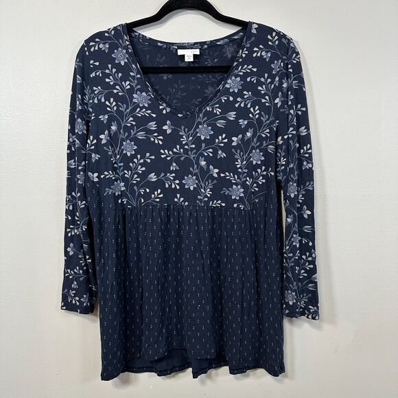 J. Jill Tops - J. Jill Womens Medium Petite Navy Blue Floral Peasant Knit Tunic Long Sleeves